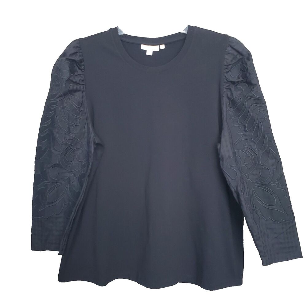 Chico's Black Embroidered Puff Sleeve Knit Top Size 3 (XL)